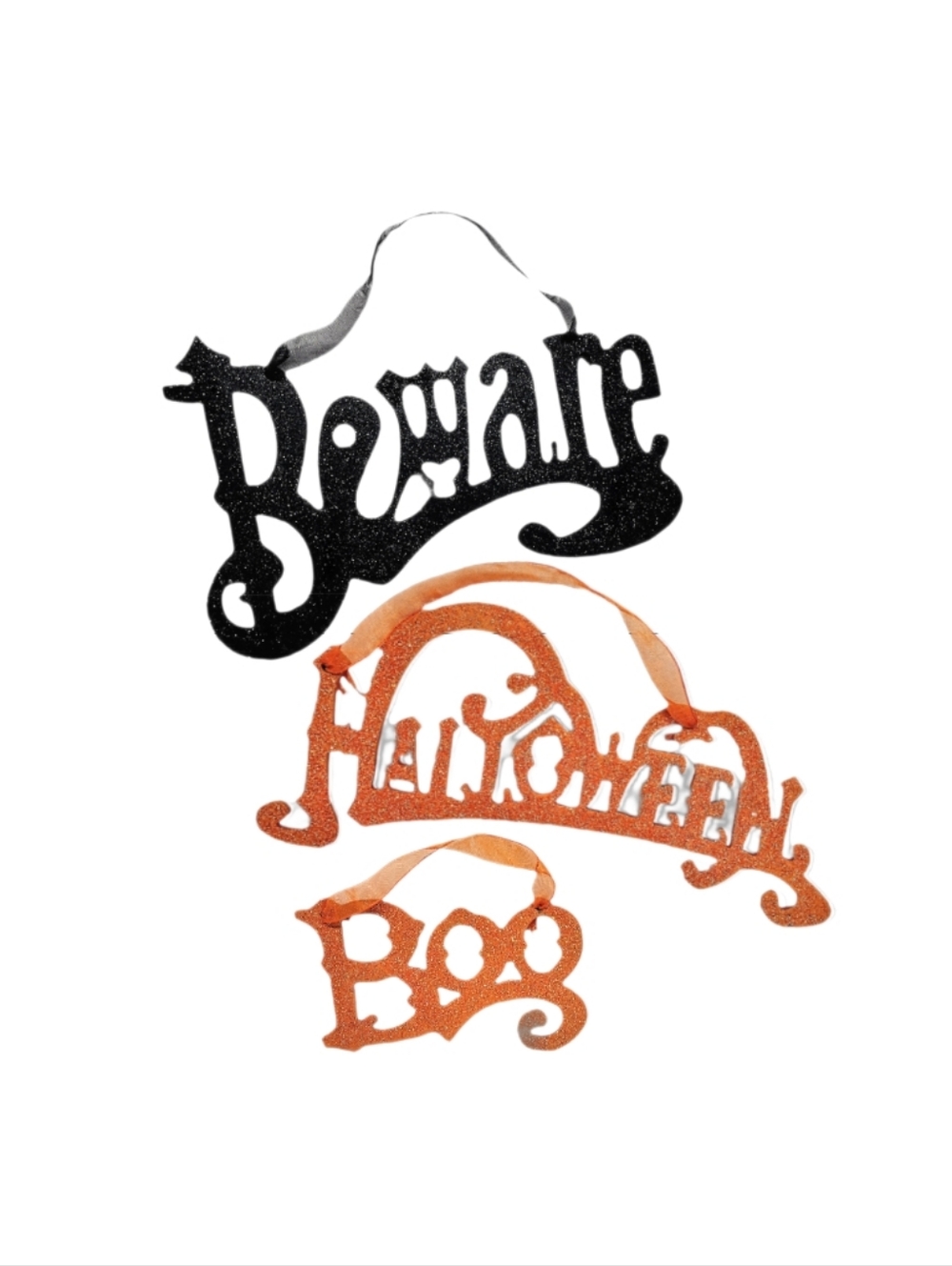 👻 3pc Black Orange Glitter Wooden Halloween Decor Hanging Signs Boo Beware